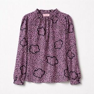 Kate Spade New York Pink Green Floral Ruffle Neck Long Sleeve Blouse XS